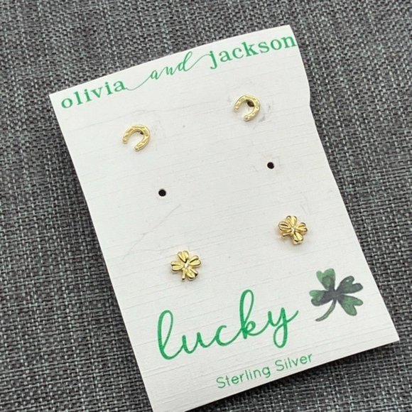 Olivia and Jackson Earrings 2 Prs St Patricks Sterling Silver Horseshoe Shamrock - Picture 1 of 7
